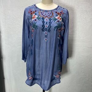 AVANI DEL AMOUR Blue Embroidered L Tunic Boho Top V Neck Long Sleeve Womens